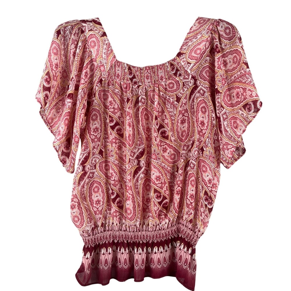 Mudd Womens L Boho Paisley Peasant Top Burgundy Pink Festival Cottagecore Fairy